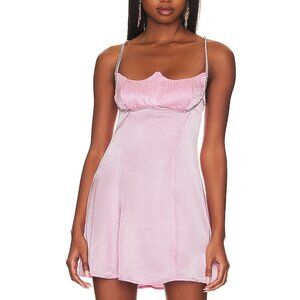 For Love and Lemons Elora Mini Dress XS Pink Satin Crystal Rhinestones Pastel
